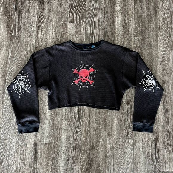 VINTAGE MT:2 Skull & Spiderweb Thermal Top Black Waffle Knit XL Reworked Cropped - Picture 4 of 11